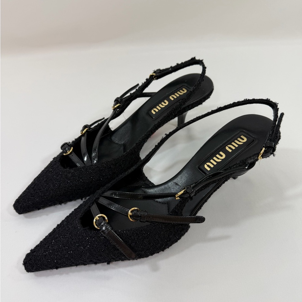 Miu Miu Black Textured Slingback Heels